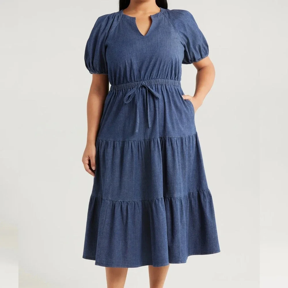 Anne Klein Jeans Puff Sleeve Tiered Denim Midi Dress Dark Wash Womens Size XL - Picture 1 of 12